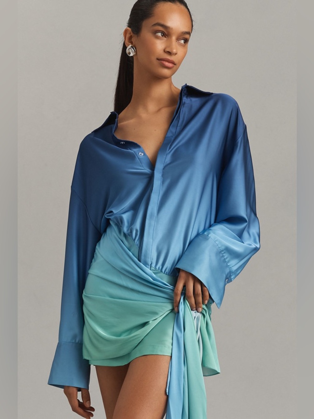 Bardot Malira Ombre Mini Shirt Dress - Blue Green Wrap Tie
